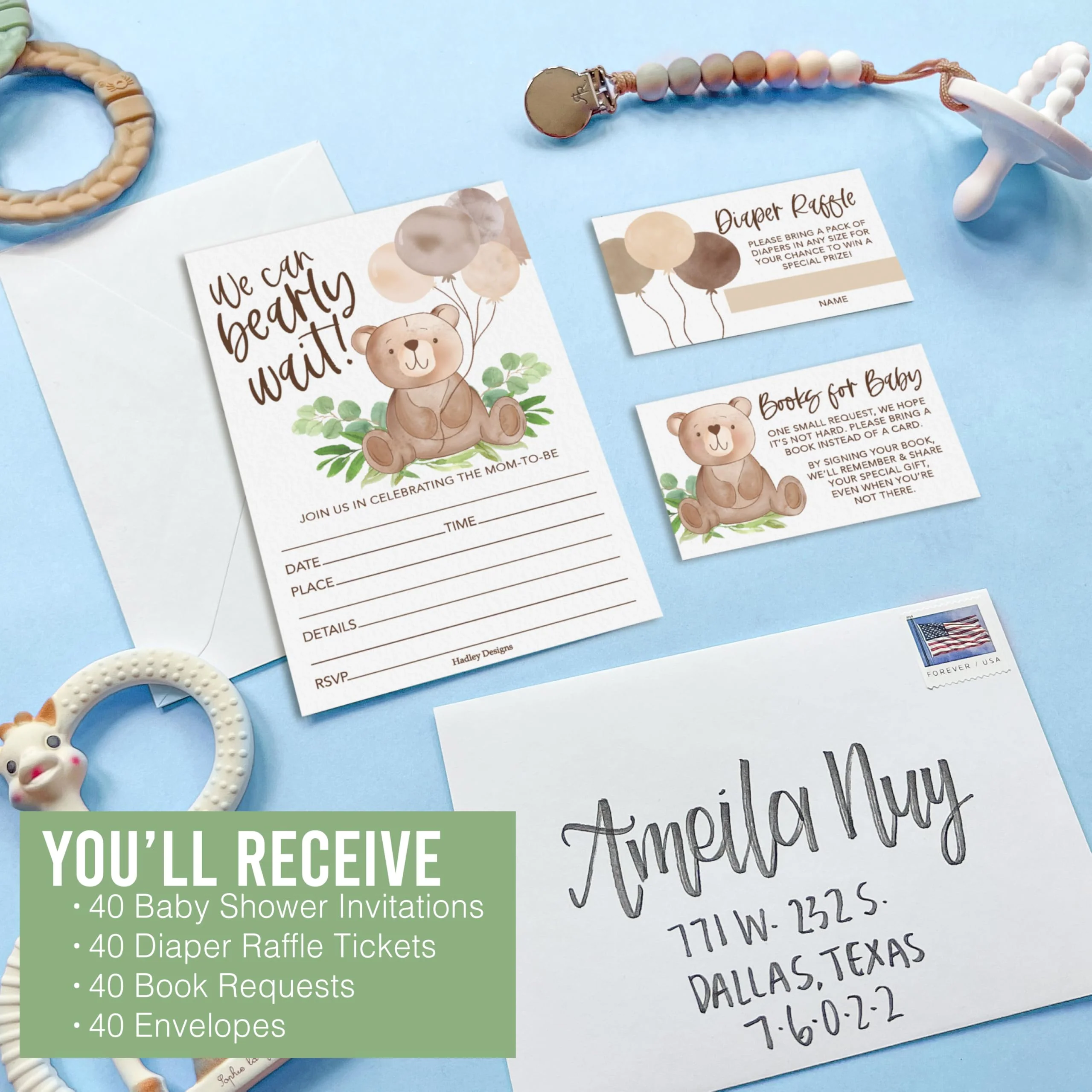 40 Baby Shower Invitations for Boy – Includes Diaper Raffle, Book Request Cards & Envelopes – Complete Set - Image 7