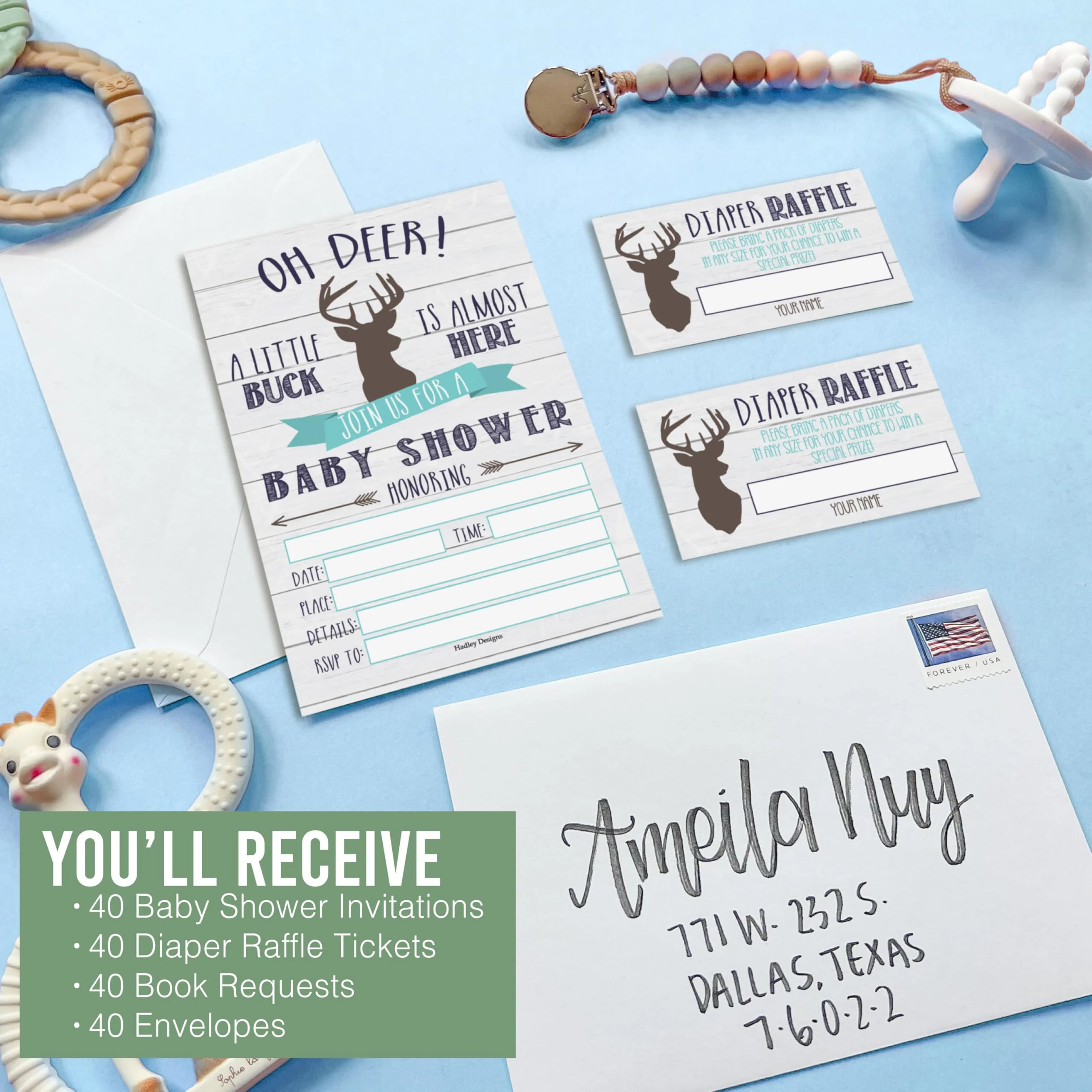 40 Baby Shower Invitations for Boy – Includes Diaper Raffle, Book Request Cards & Envelopes – Complete Set - Image 7