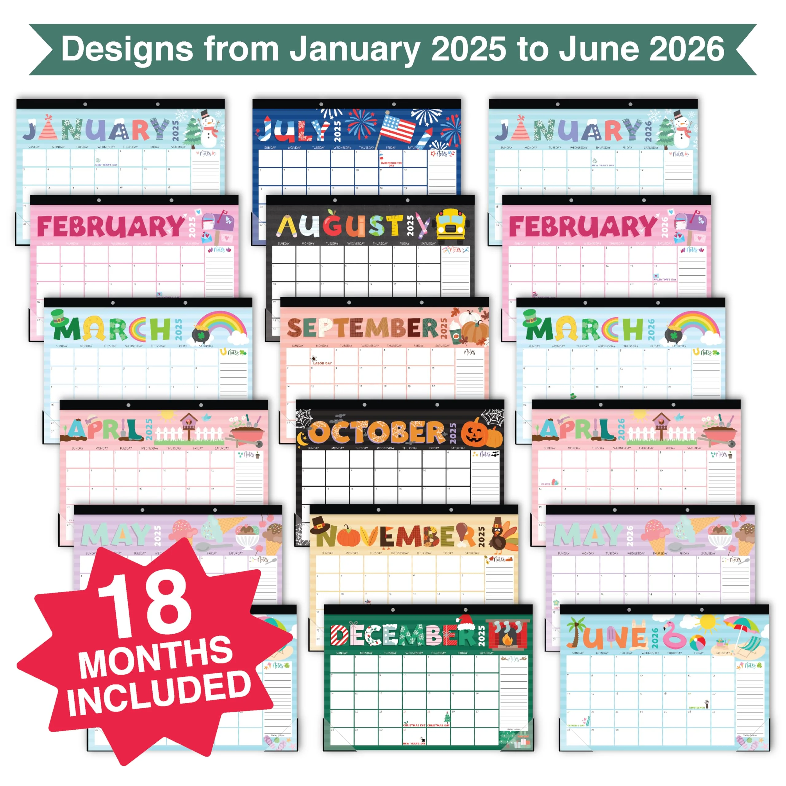 18 Month Large Colorful Desk Calendar: 2025-2026 - Image 3