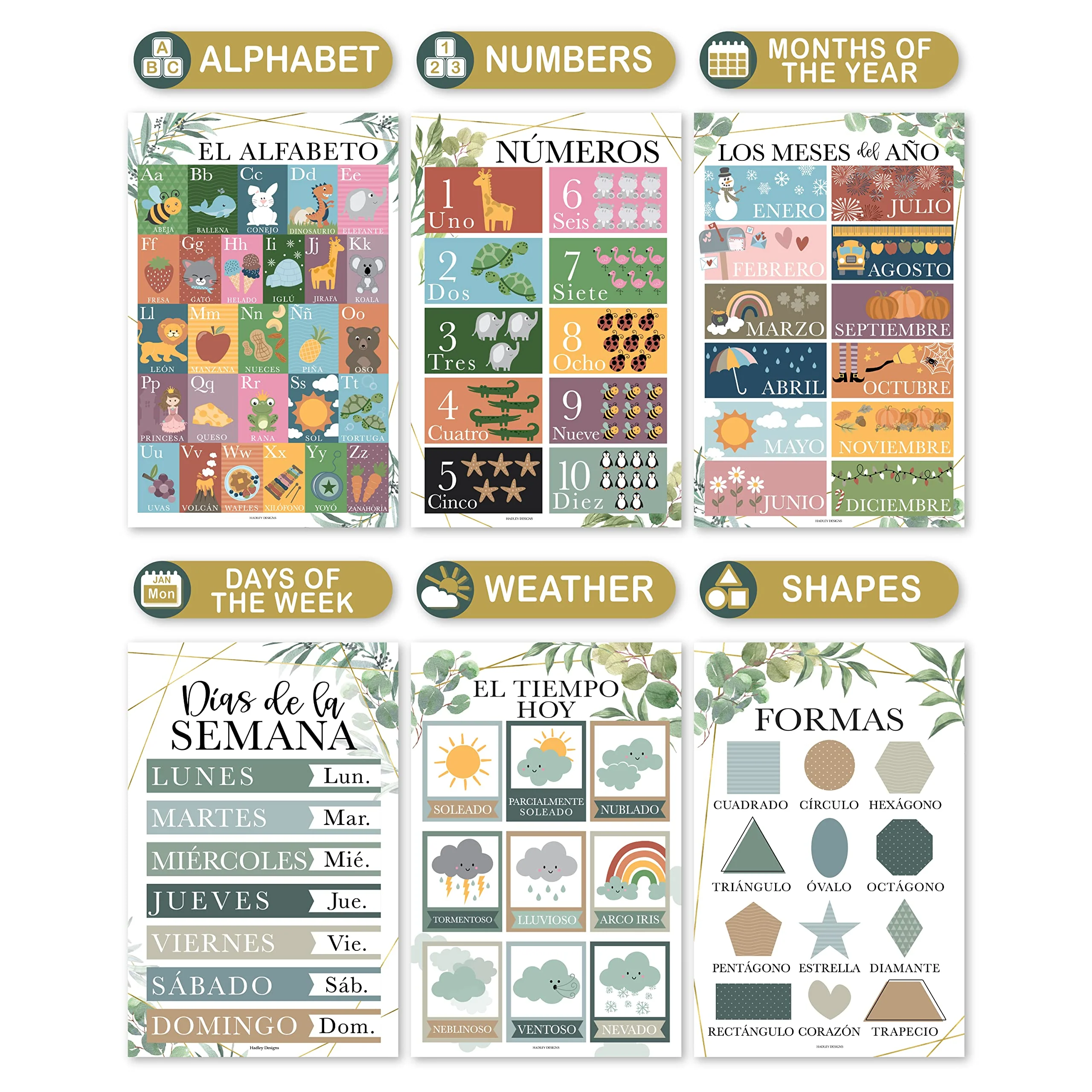 Hadley Designs Spanish Classroom Decorations - 12 Spanish Posters for Classroom Elementary, Abecedario para Niños en Español, Laminated Greenery Bilingual Educational Posters 11x17 - Image 4
