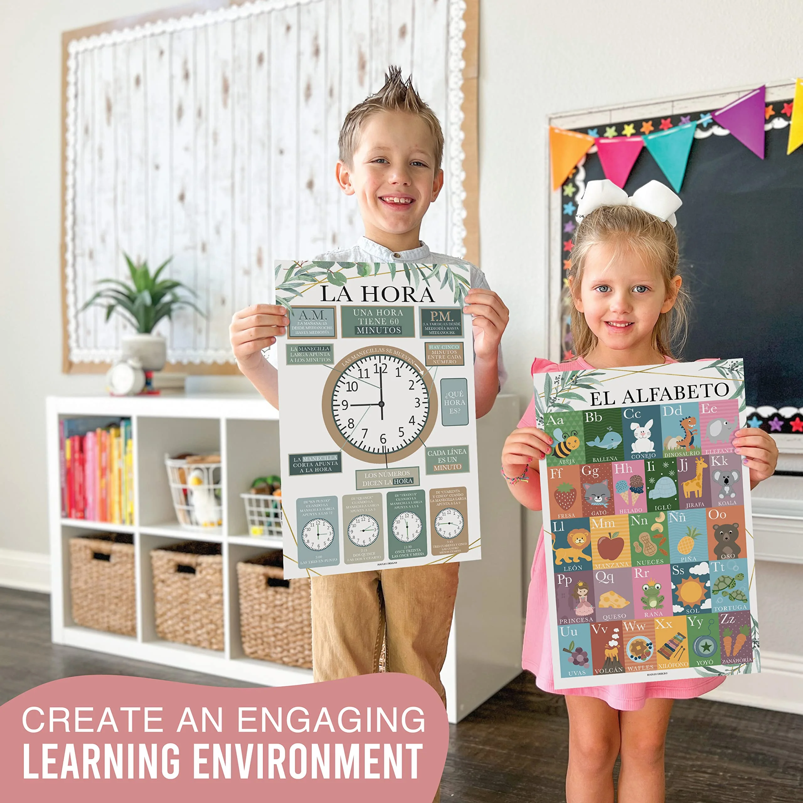 Hadley Designs Spanish Classroom Decorations - 12 Spanish Posters for Classroom Elementary, Abecedario para Niños en Español, Laminated Greenery Bilingual Educational Posters 11x17 - Image 6