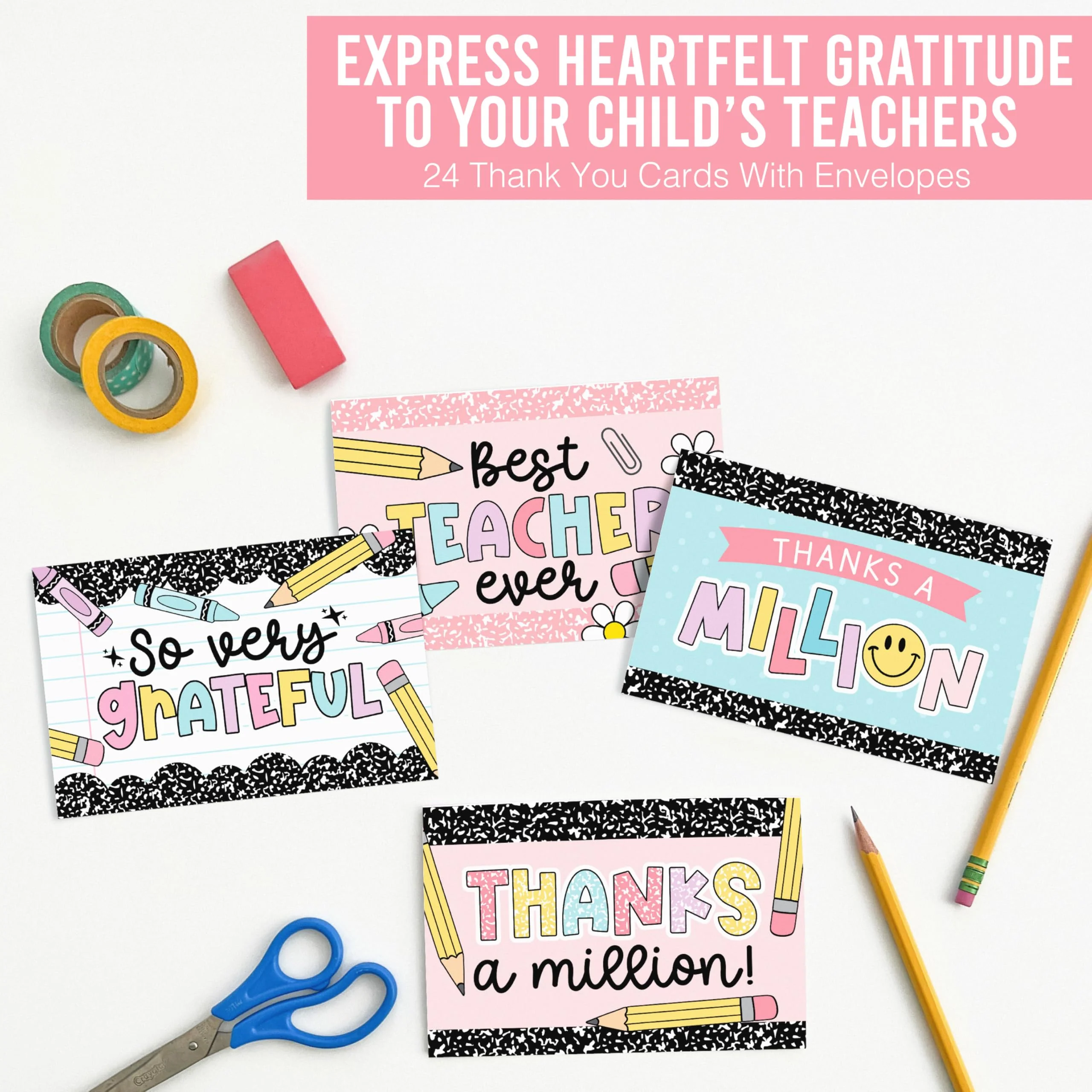 Hadley Designs Teacher Thank You Cards with Envelopes -24 Teacher Appreciation Cards Bulk, Cute Thank You Notes from Students, Teacher's Day End of School Year Christmas & Valentines Card for Teachers - Image 5