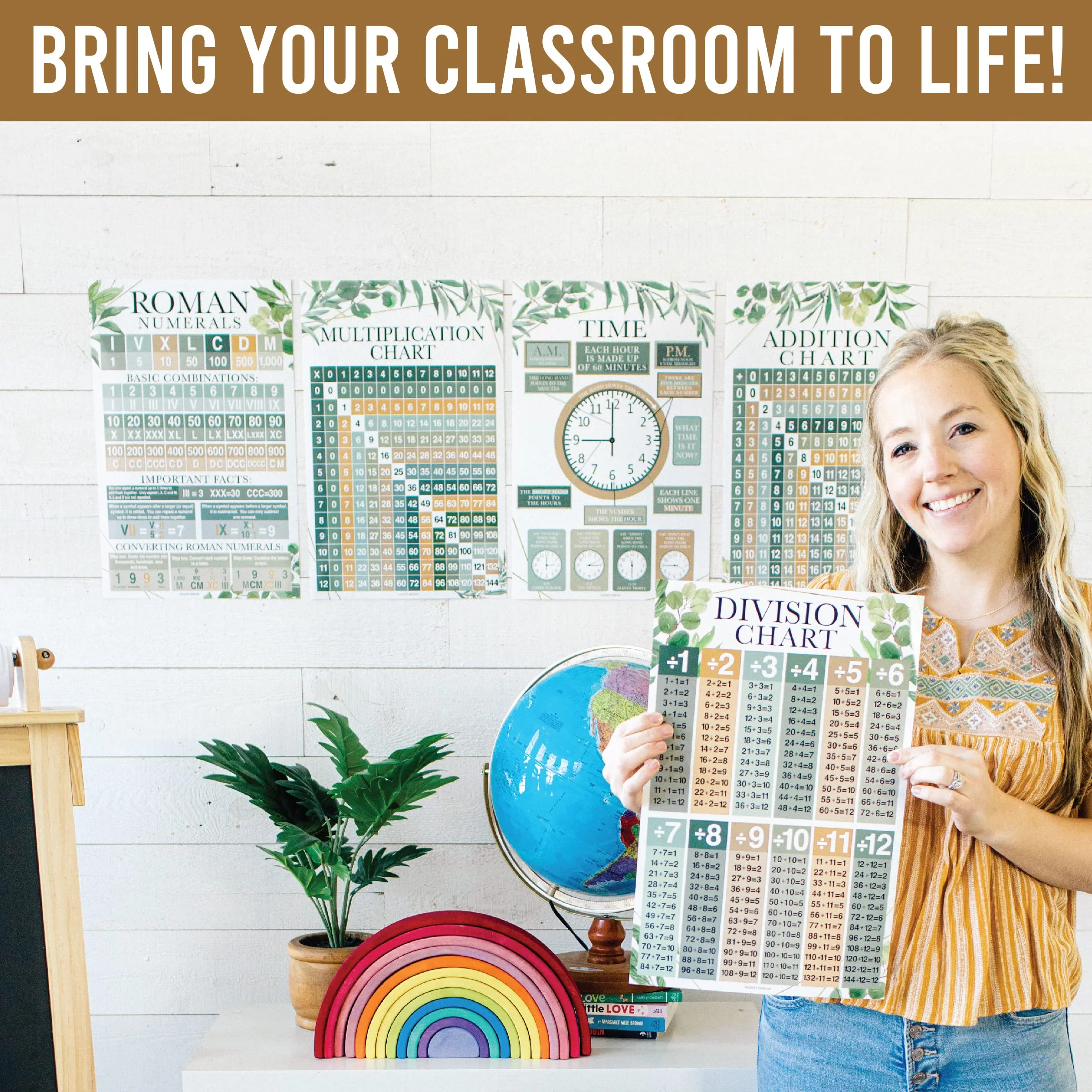 Math Posters for Elementary School - Multiplication Chart Poster, Place Value Chart for Classroom Wall, Greenery Math Classroom Decor - Image 6