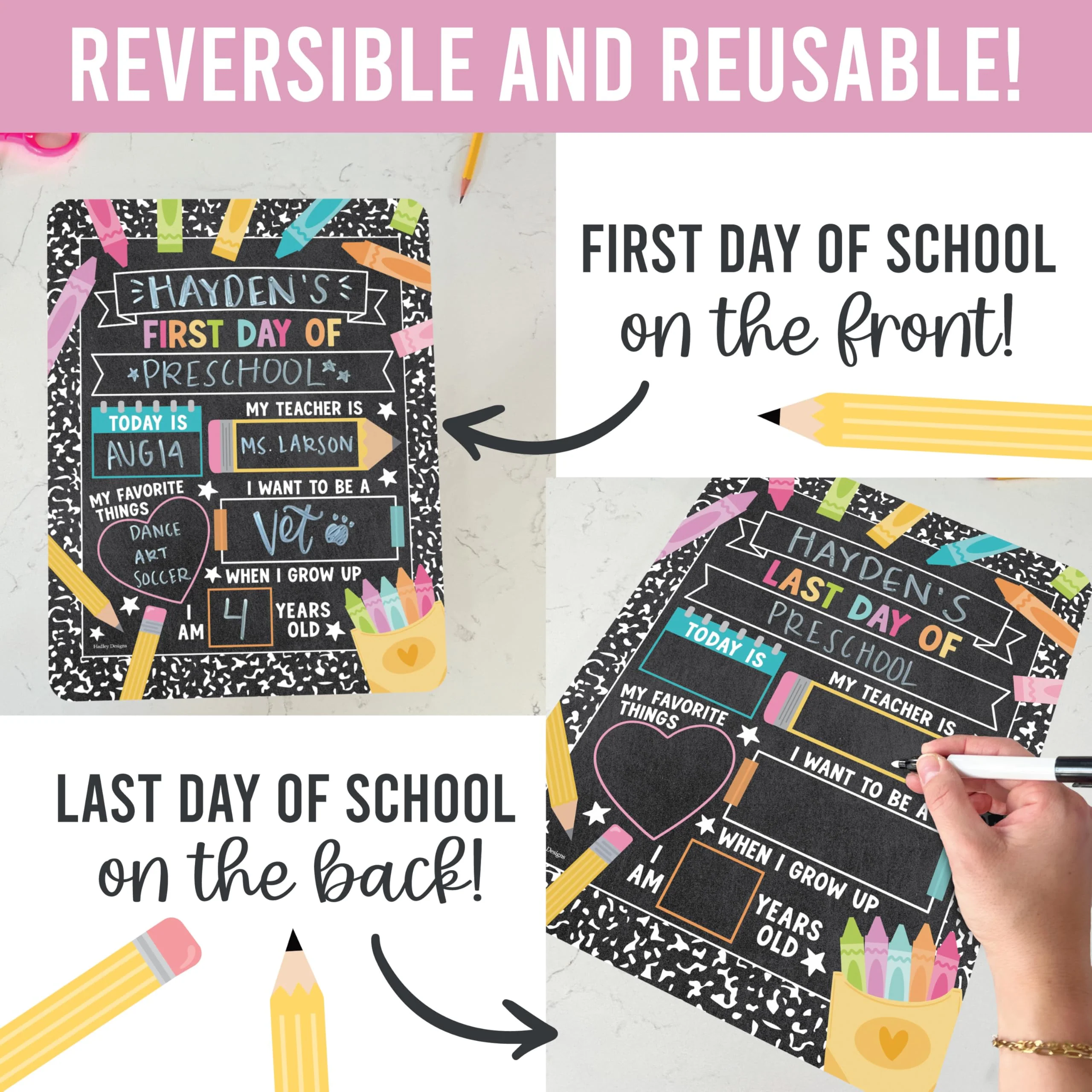 My Last Day of School Sign with Markers -11x14 Back to School Signs First and Last Day, Kindergarten Chalkboard Signs, Pre K Sign Board, Preschool Board, Reusable Photo Prop for Kids - Image 4