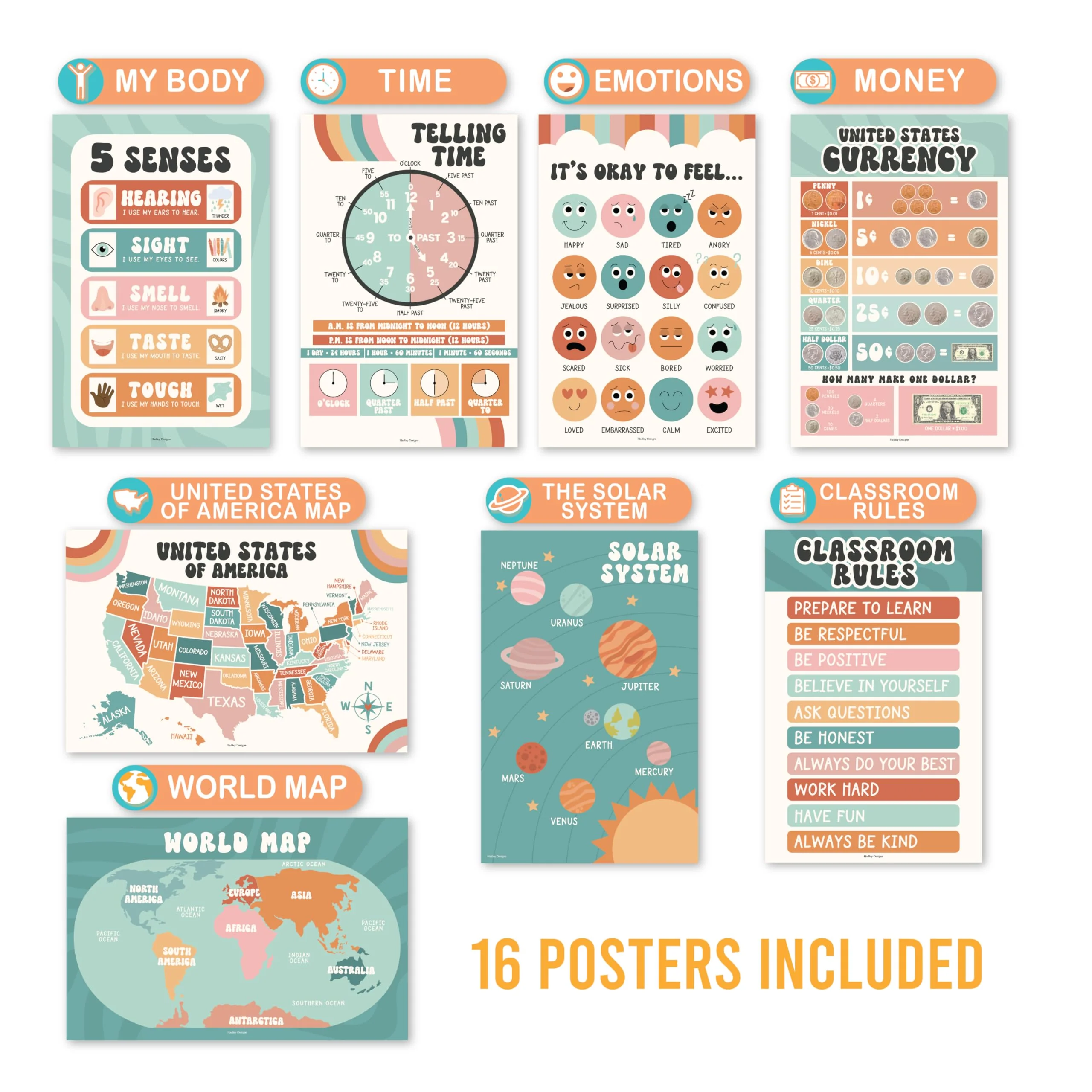 Preschool Head Start Kit, Retro Boho 16 Poster Pack - Image 5